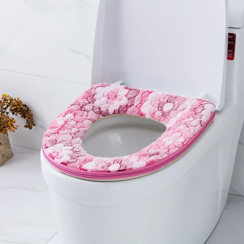 Flower Warm Toilet Cover Seat Lid Top Cover Pad Bathroom Warmer Toilet Seat Bowl Soft Zipper Washable Toilet Seat Cover