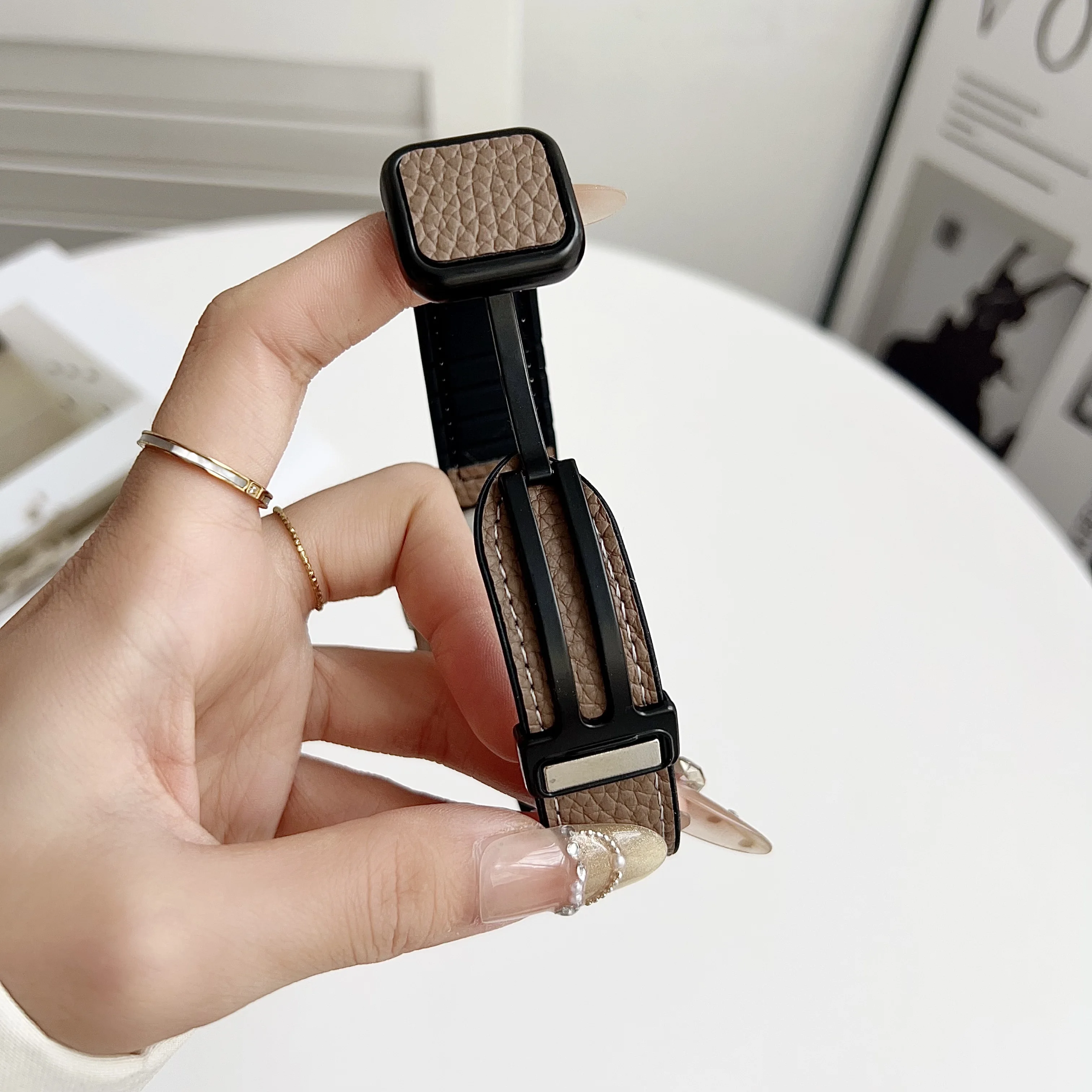 Lychee pattern silicone leather foldable square buckle Watch Band for Apple Watch Band Series 12 11 10 9 8 7 SE Bracelet Ultra2