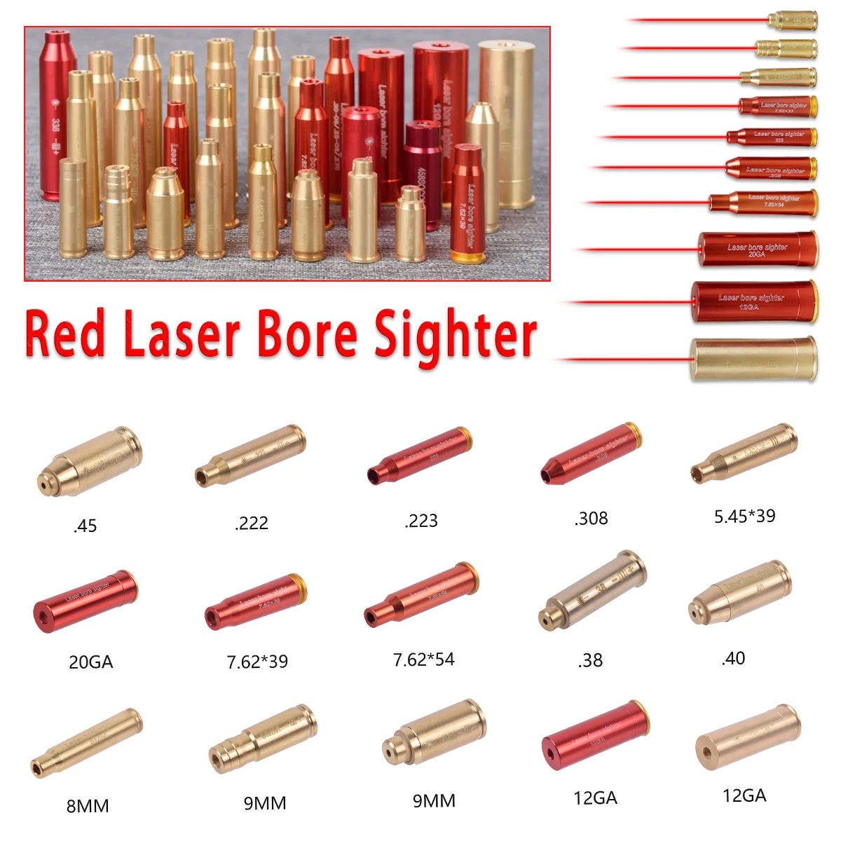 Red Laser Bore Sight Brass Boresight CAL Cartridge Bore Sighter For Scope Hunting  .223 .308 9MM 7.62x39 7.62X54 12GA Gauge