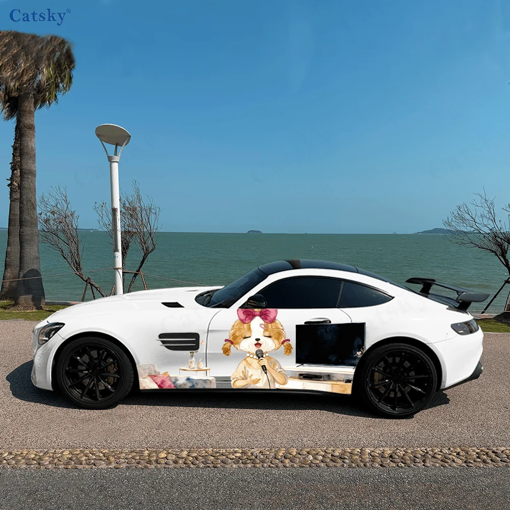 Cute Shih Tzu Dog Singing Car Vinyl Wraps Decal Self-adhesive PVC Sticker Suitable for Trucks SUV Decor Auto Accessories Gift