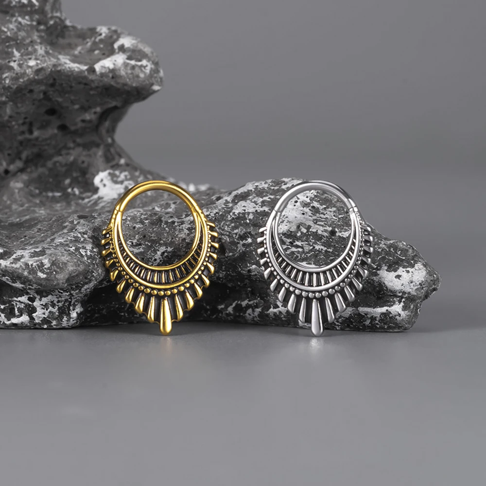 Vankula 1pcs Boho Tribal Crescent Septum Nose Ring Vintage Sunburst Cuff Hoop Hypoallergenic 316 Stainless Steel Ethnic Jewelry view 2