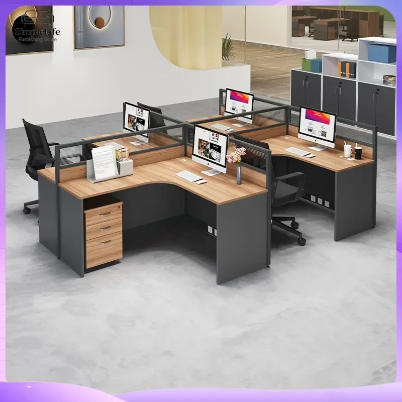 L-Shaped Office Desk Set for 4-6 People with Privacy Screens and Cable Management Modern Curved Staff Desk with Chair Space