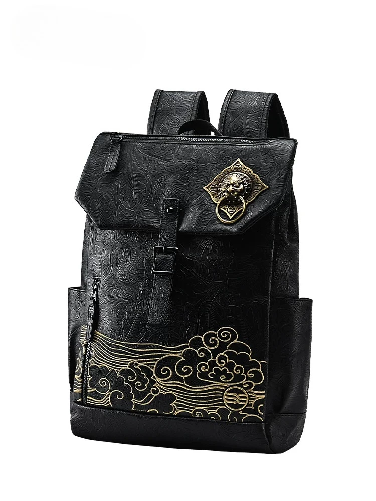 New Black Men's Backpack, Chinese Style Embossed Fashion Versatile Trend Backpack
