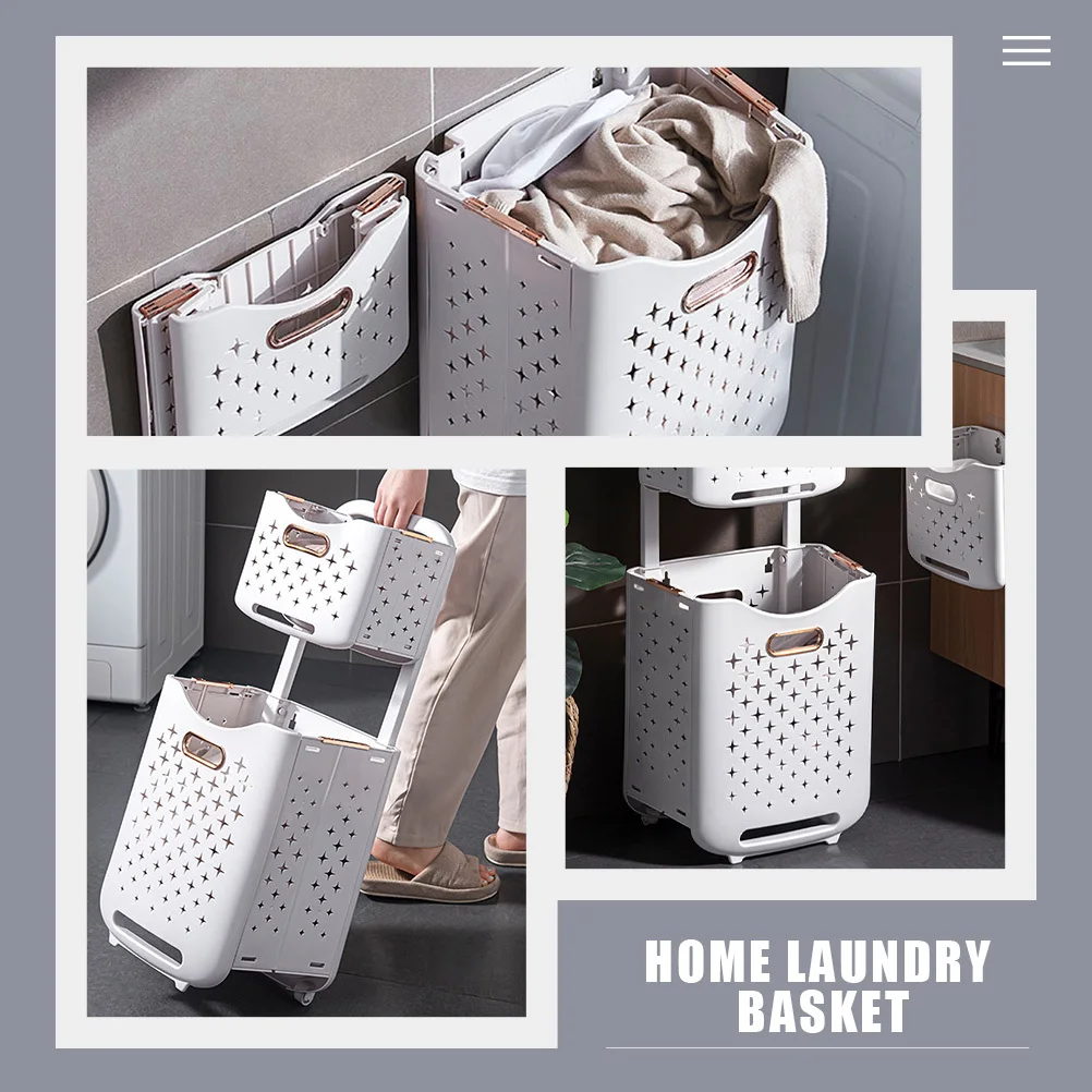 

Foldable Laundry Basket With Wheels Double Layer Large Capacity Rolling Hamper For Home Bathroom Storage Dirty Clothes Bin