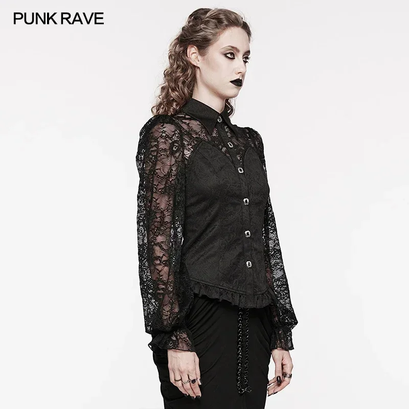 PUNK RAVE Women's Gothic Lace Balloon Sleeve Adjustable Drawstring Shirt Exquisite Hand-stitched Button Decoration Club Tops