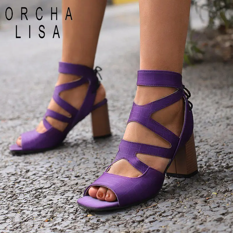 ORCHA LISA Fashion Female Sandals Square Toe Block High Heels 7.5cm Ankle Strap Lace Plus Size 49 50 Sexy Daily Women Shoes