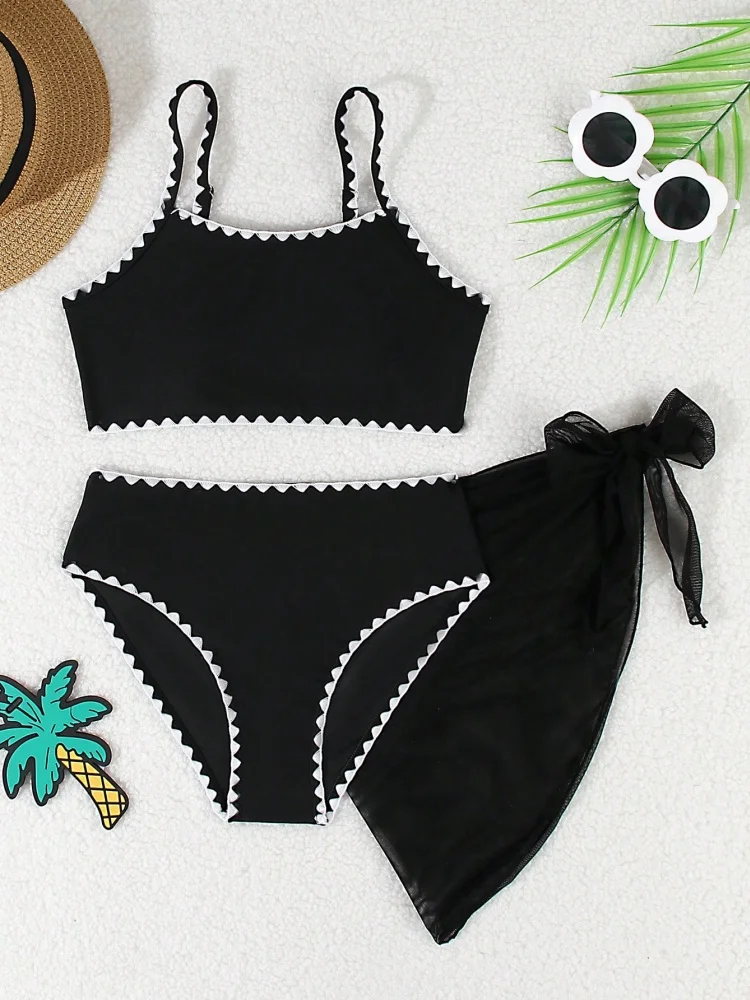 

Girls Kids Swimsuit 2026 New Black Sling Bikinis Set Children Swimwear Summer High Waist Mesh Three Piece Beachwear Bathing Suit