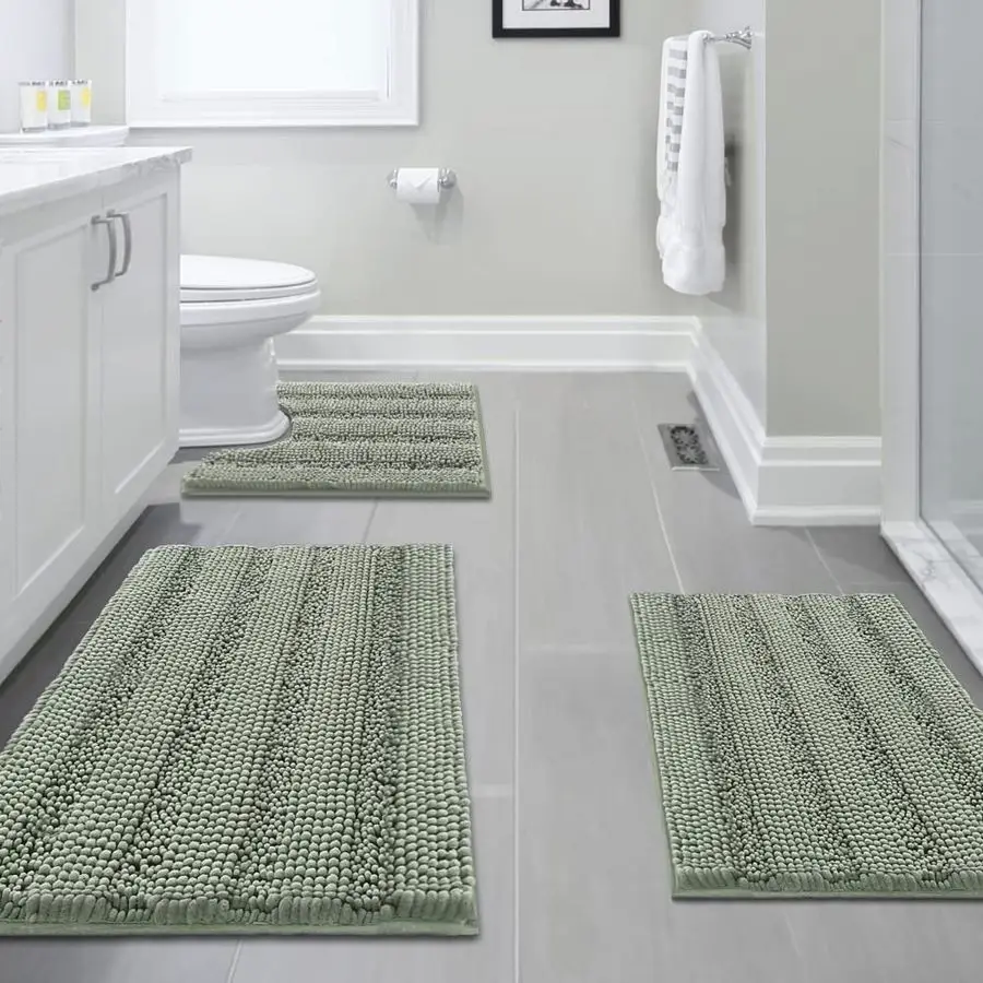 

3 Piece Bathroom Rugs Sets Thick Striped Bath Rugs Set for Bathroom Non Slip Soft Absorbent Bath Mat Set for Tub, Shower and Toi