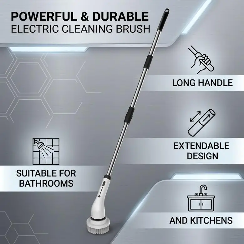 

Электрическая щетка для чистки с выдвижной ручкой, подходит для ванных комнат, туалетов, полов и кухонь