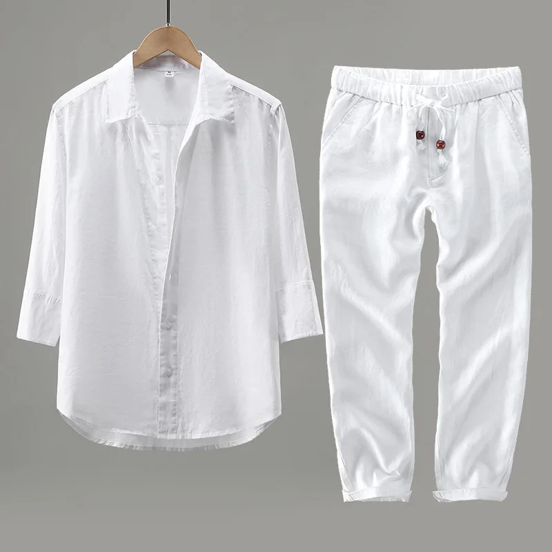 

Высококачественный тонкий мужской комплект из чистого льна, хлопка и льна, летний комплект верхней одежды irt Svel Seven-Quarter Svel для молодежи