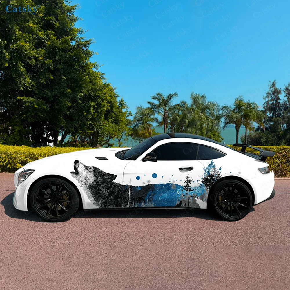 

2 шт. наклеек на боковые части автомобиля с изображением лесного волка под ночной небесной оболочкой, самоклеящиеся, из ПВХ, водонепроницаемые и устойчивые к царапинам, аксессуар для автомобиля, подарок.