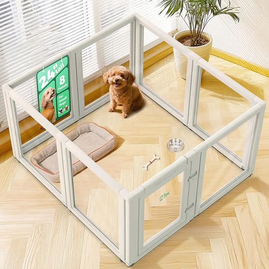 

AuraSpace Acrylic Indoor Dog Playpen for Puppies and Small Dogs, 24 Inch, 8 Panels, White