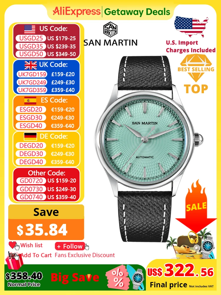 

San Martin 37mm Men Dress Watch 3D Textured Dial ST1812 Casual Fashion Automatic Mechanical Sapphire Clear Caseback SN0110
