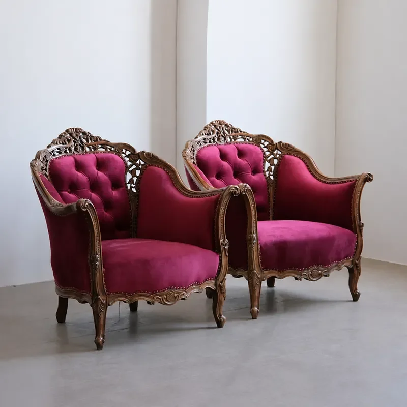 American Solid Wood Carved Floral Single Sofa Fabric Studio Leisure Chair Retro Villa High Back Armchair