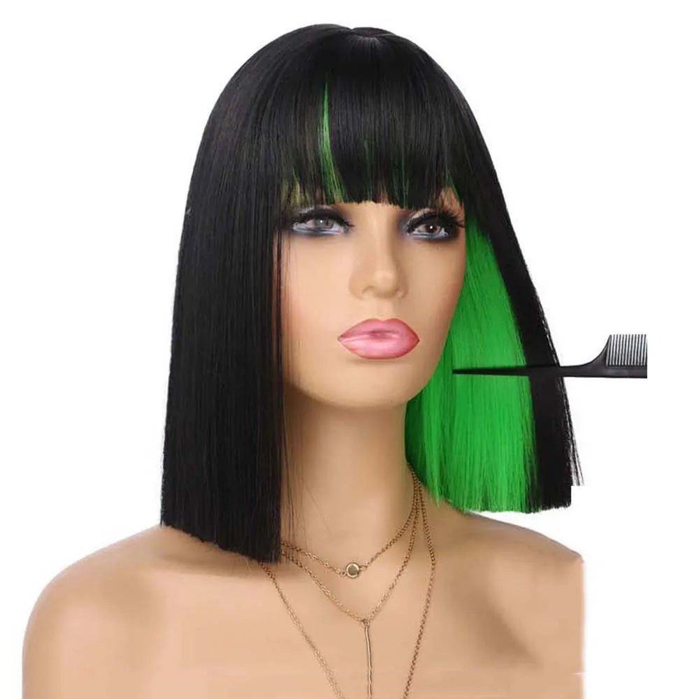 Synthetic Straight Hair Bob Wigs for Women Short Black Mixed Green Highlight Bob Wig Straight With Bangs Lolita Cosplay Wig