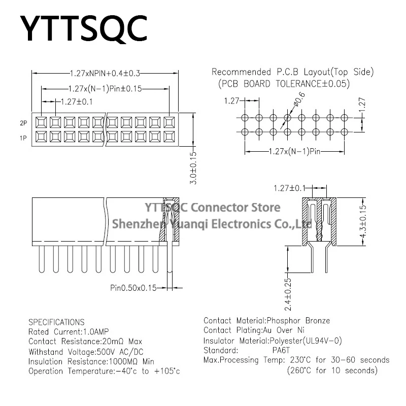 10Pcs 1.27mm Single Row 4.3mm Female Plug Socket Breakaway PCB Board Pin Header Connector  1*3/4/5/6/8/10/12-40p