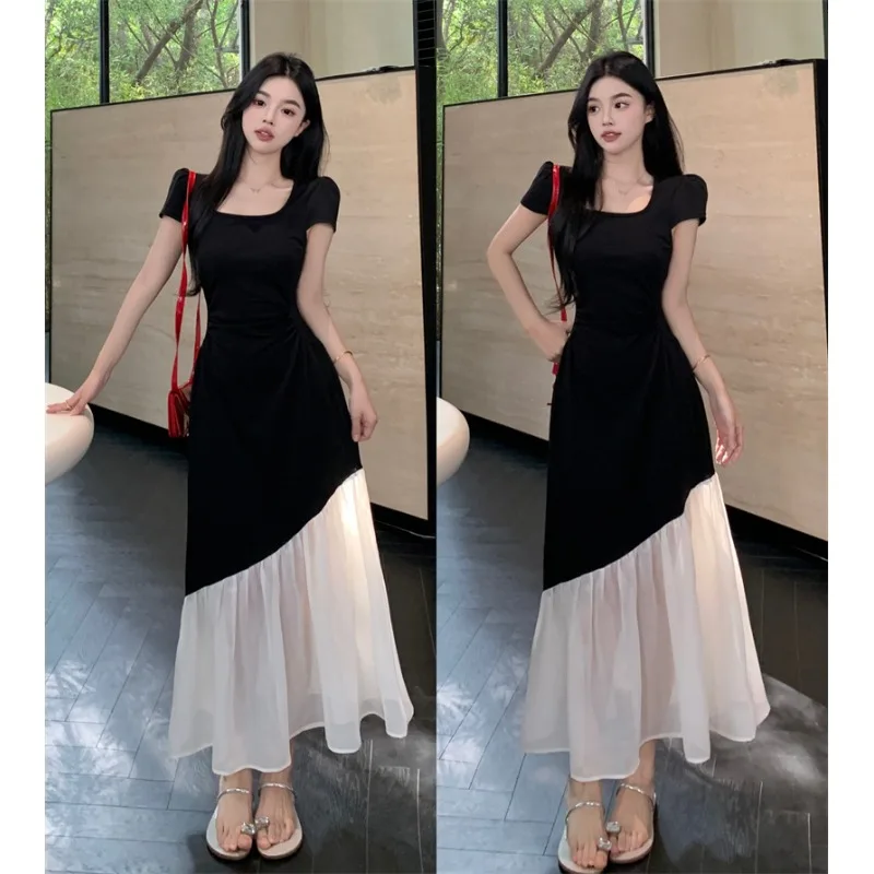 

plus Size Short Sleeve Dress Women Summer Waist Cinching Slimming Patchwork Long Dress Slightly Plump MM Hepburn Style Color ...