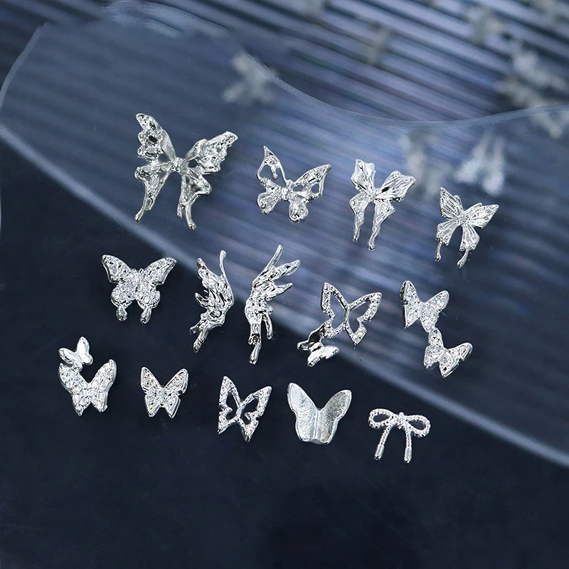 10pcs Metal Butterfly Nail Jewelry Silver Bowknot Manicure Decoration Punk Style Manicure Supplies 3D Alloy Nail Accessories