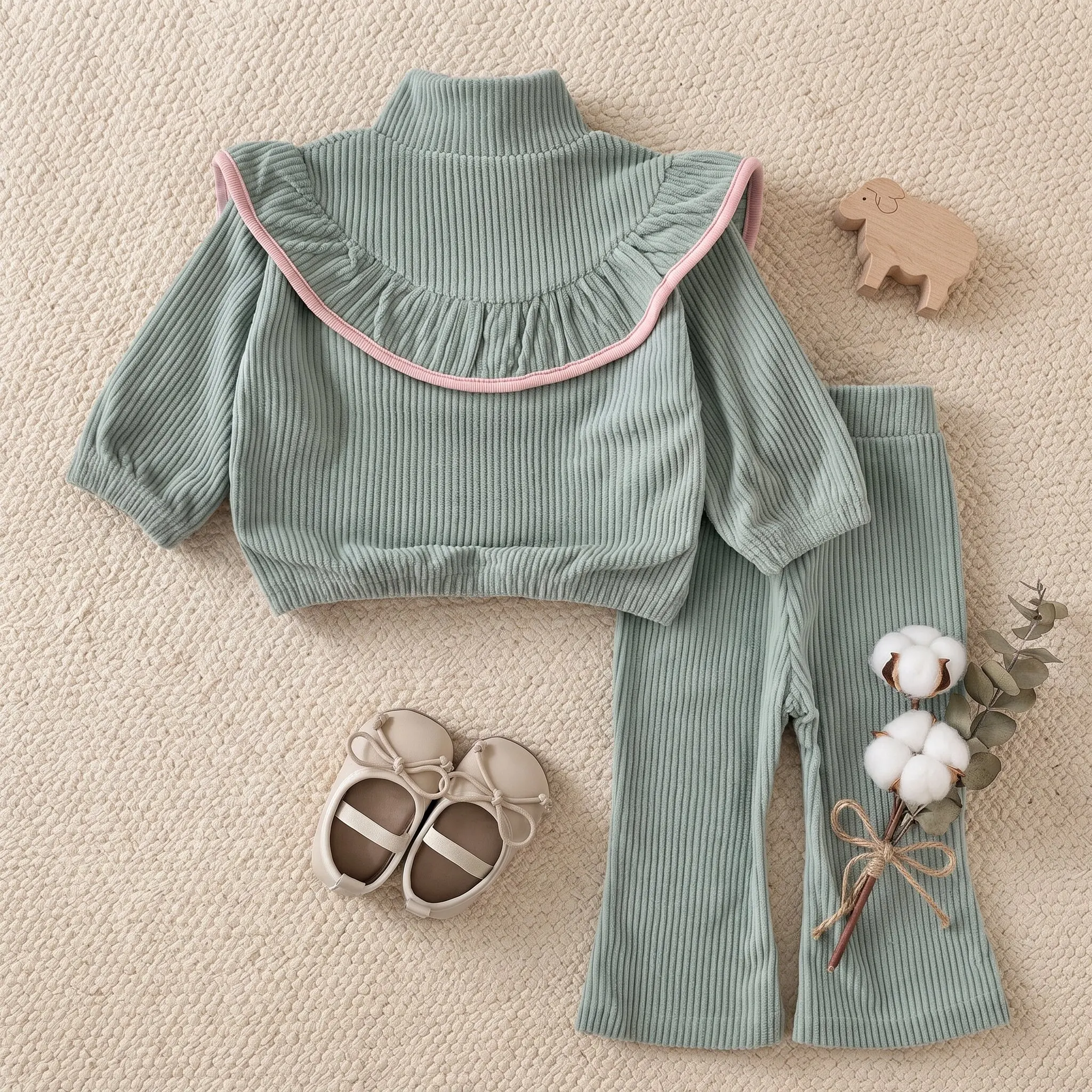 Baby-Mädchen-Set mit geripptem Oberteil mit Reißverschluss und Rüschenkragen, 2-teilig, hellgrün, Oberteil mit Rüschen und Schleife, ausgestellte Hose, Frühlingsoutfit für Kleinkinder. – Detail 2