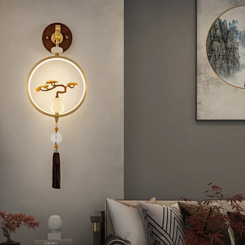 Nowa lampa z litego drewna i miedzi, nowy chiński salon, ściana tła TV, chińska lampa ścienna, lampka nocna do sypialni, lampa dekoracyjna