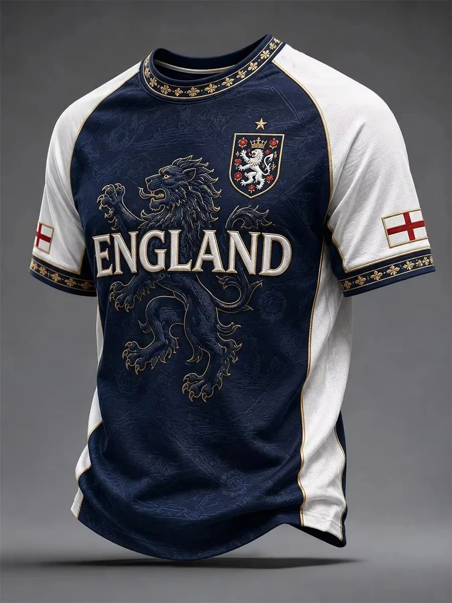2026-27 Vintage Soccer Jersey Dark Blue Lion 3d Print Gold Floral Collar Cuff England Flag Patch Casual Fan Top Family Y2k