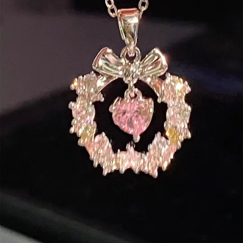 Punk Pink Love Heart Bow Crystal Necklaces For Women Goth Vintage Fashion Light Luxury Charm Choker Flower Necklace Jewelry image 5