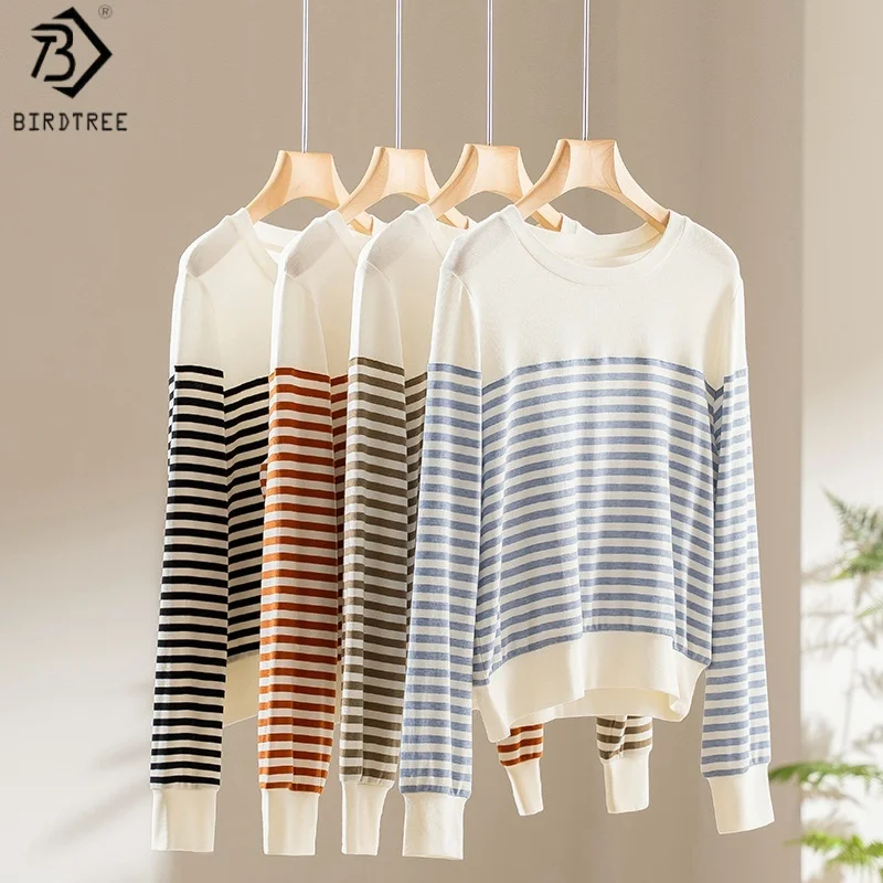 

Birdtree 12.9% Sheep Wool Stripe Blouse,Women Wool Blend 2025 Autumn Shirt,O-neck Long Sleeve Korean Style Pullover T59614JF
