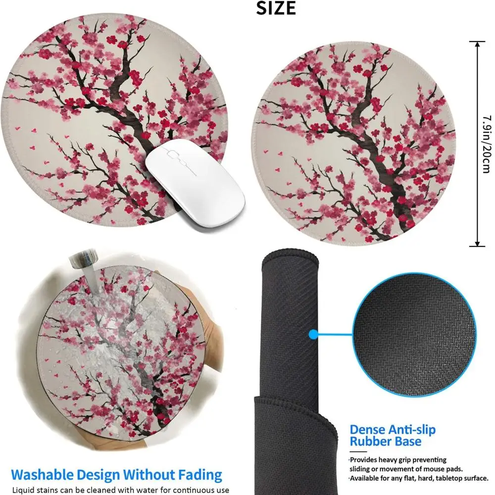 

8 Inch Round Cherry Blossom Mouse Pad - Comfortable Gaming Surface with Stitched Edges and Non-Slip Rubber Base - Waterproof Com