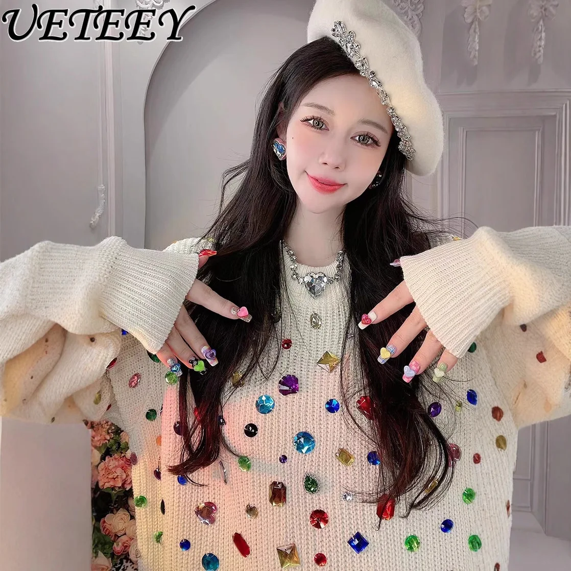 

Осень-зима, новый корейский стиль, нишевый тяжелый ремесленный красочный вязаный свитер с бриллиантами, свободный пуловер средней длины с круглым вырезом