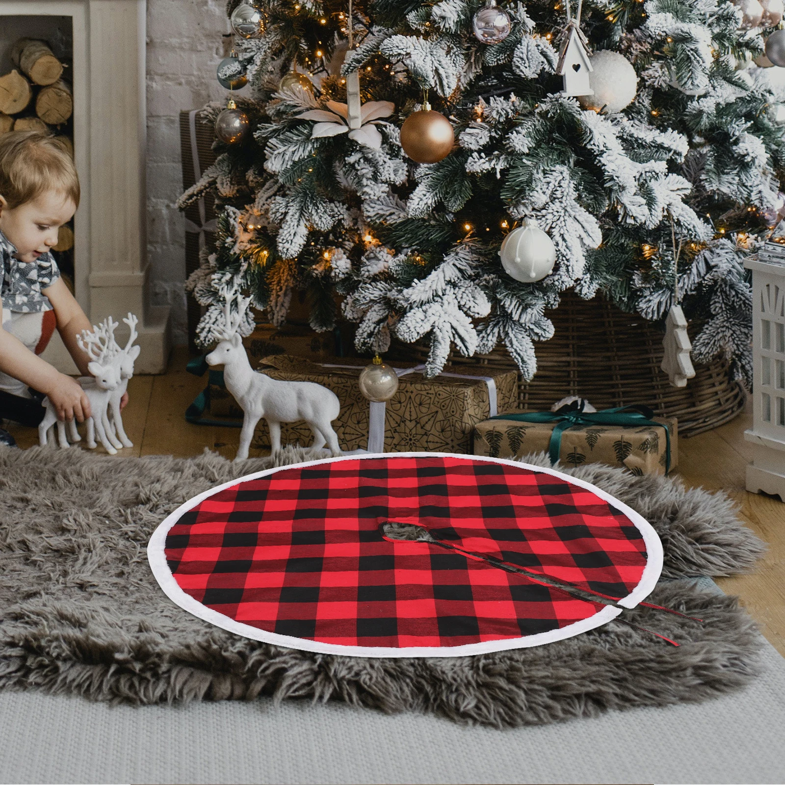 

Christmas Tree Skirt Plaid Soft Felt Double Layer Country Style Tree Mat Christmas Decoration Dress