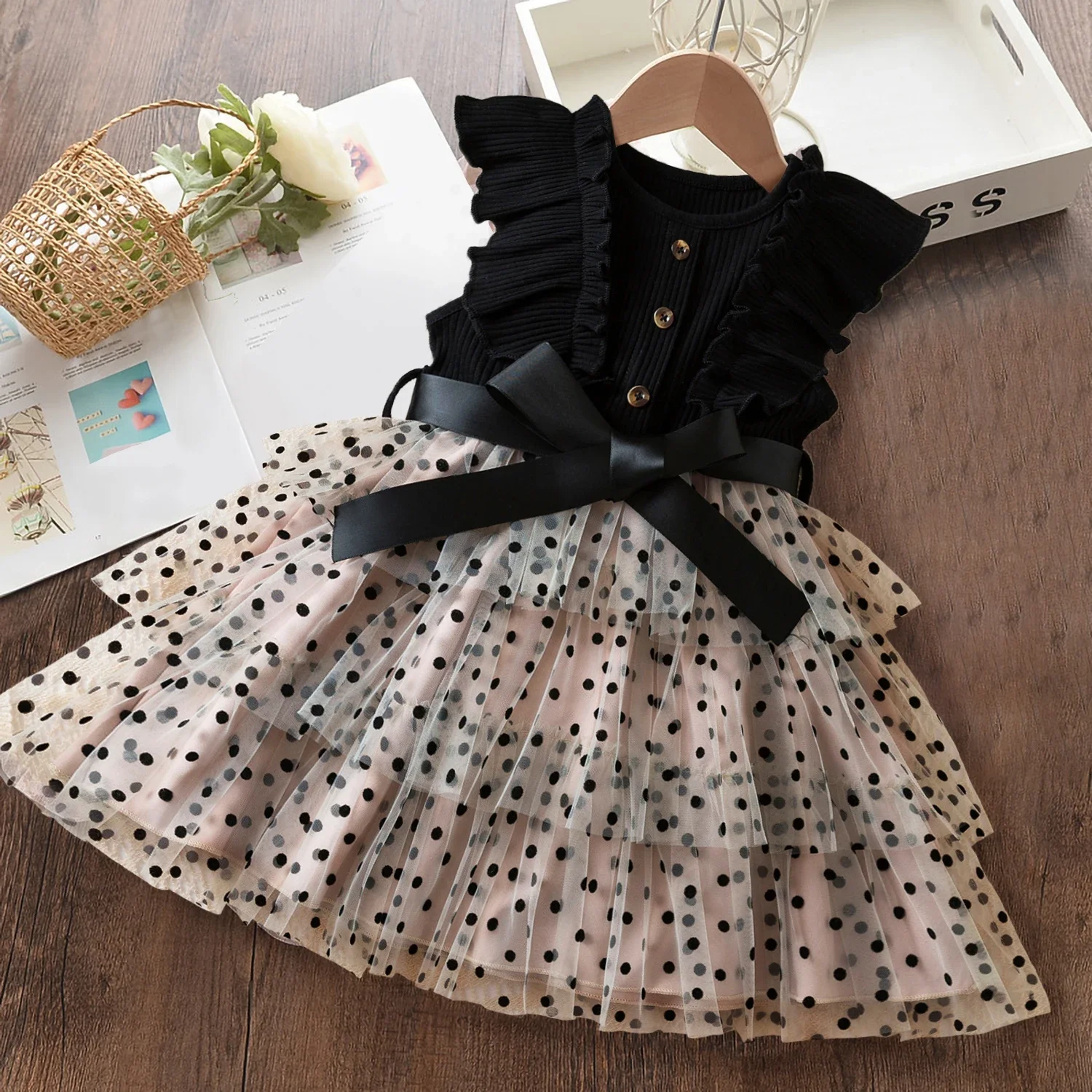 2024 New Korean Summer Girl Dress Polka-Dot Mesh Casual laid Dresses 2-6Yrs Kids Birthday Princess Dress Cute Baby Girls Clothes