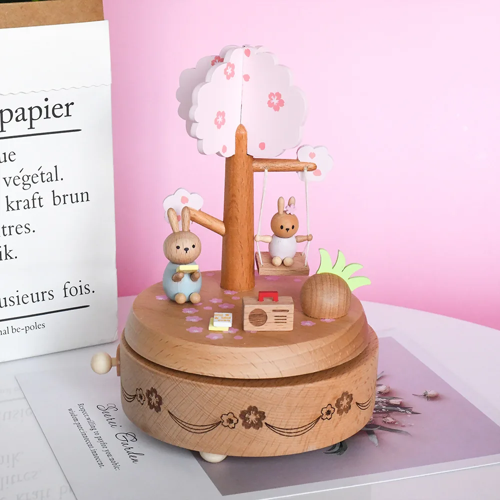 

Creative pink wooden music box. Printed rabbit music box girl heart pink birthday gift wooden crafts