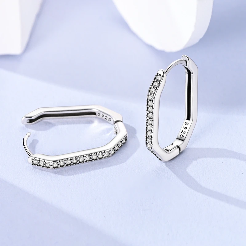 925 Sterling Silver Earrings Women Sparkling Minimalist Hexagonal Stone Hoop Earring For Anniversary Wedding Jewelry Gifts