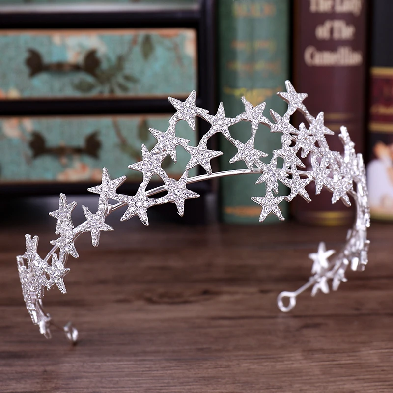 Rhinestone Stars Tiaras Bride Wedding Hair Accessories Crystal Crown Tiara Handamade Bridal Hair Jewelry Party Gift image 2