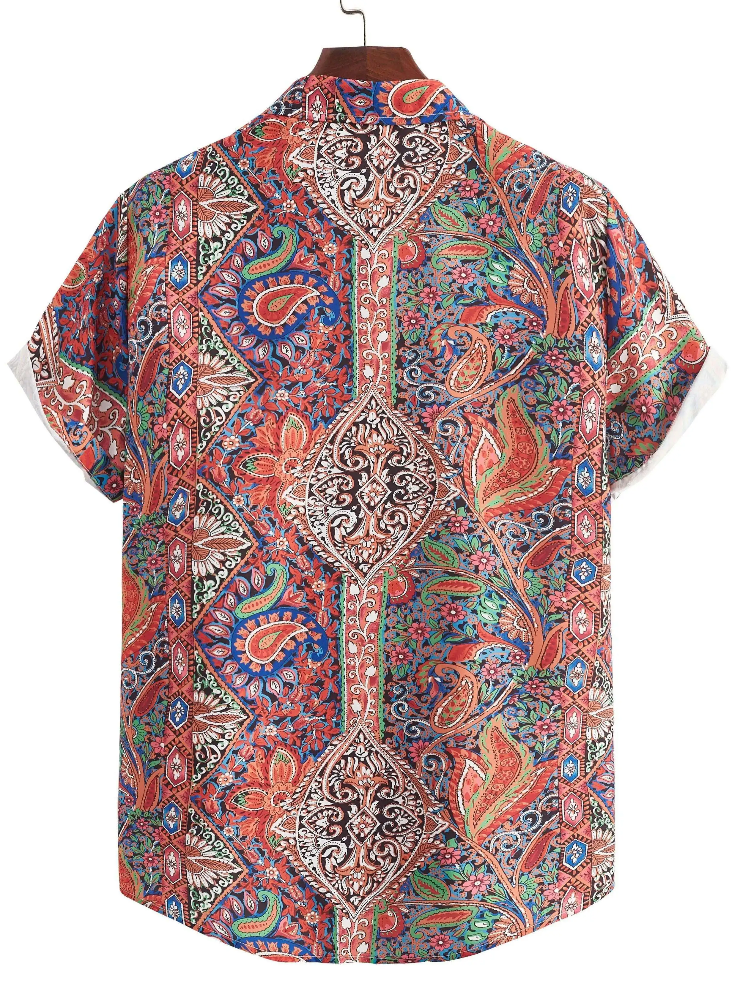 Men Short Sleeve Shirt Retro Paisley Ethnic Geometric Print Turn‑Down Collar Button‑Up Beach Summer Top