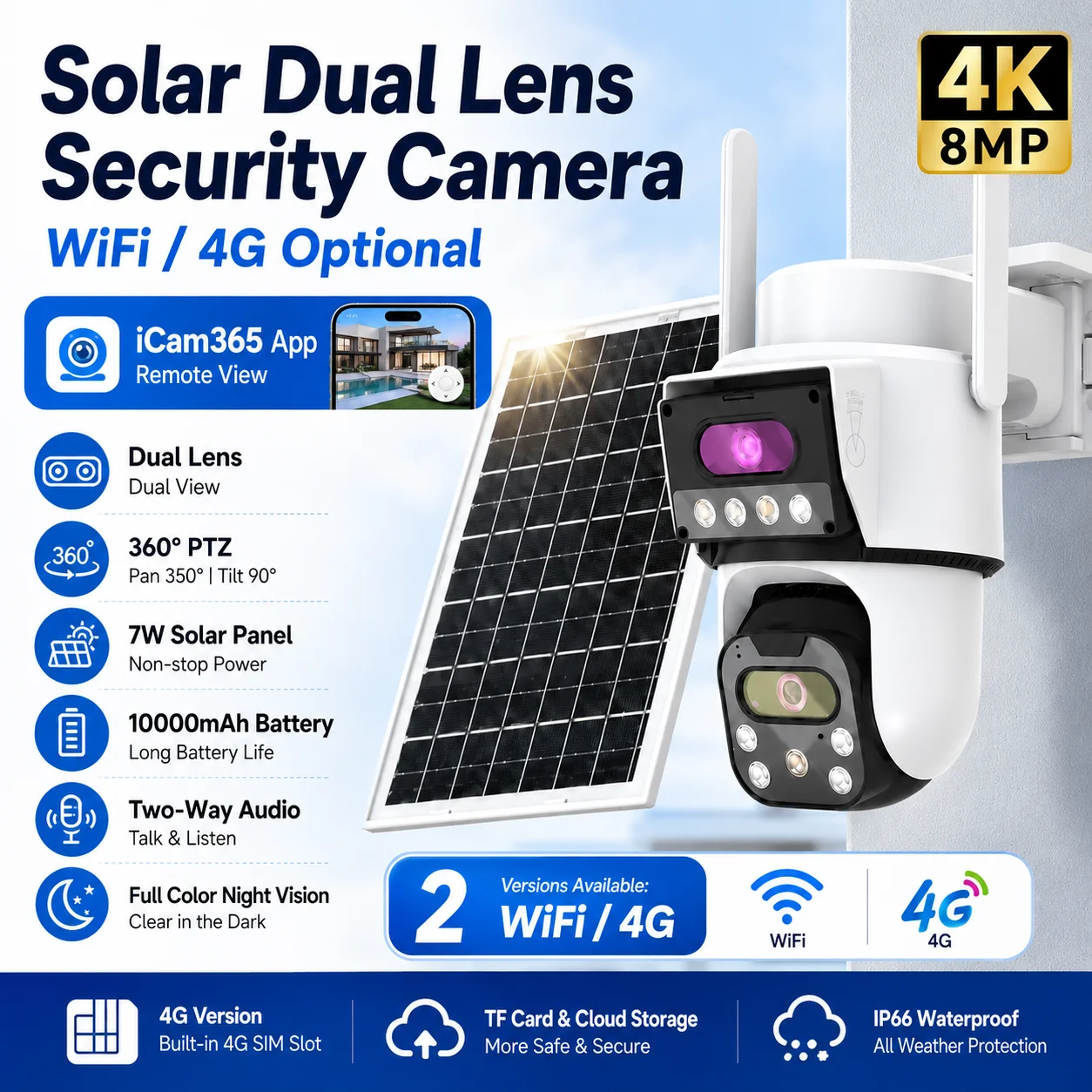 8MP WIFI Solar-powered Dual-lens Outdoor Wireless Surveillance Camera with 4G SIM Card for Low Power Consumption IP66 Waterproof