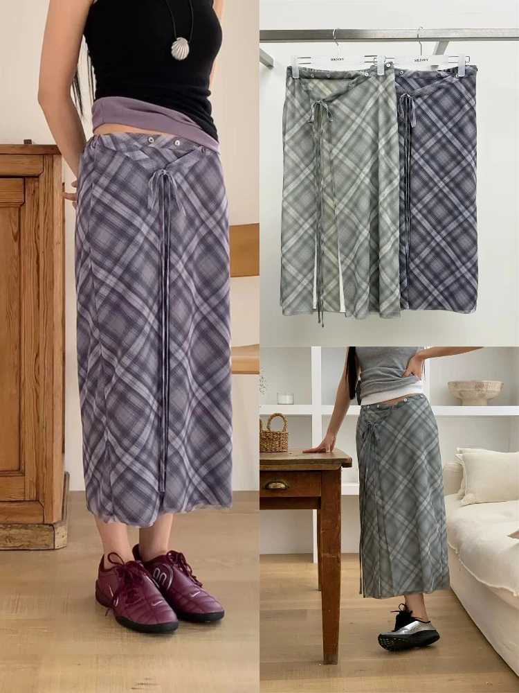 

High Waist Plaid Split Skirt Women's Thin A-Line Skirts Vintage Sle Casual Wear Polyester Fabric Belted Design