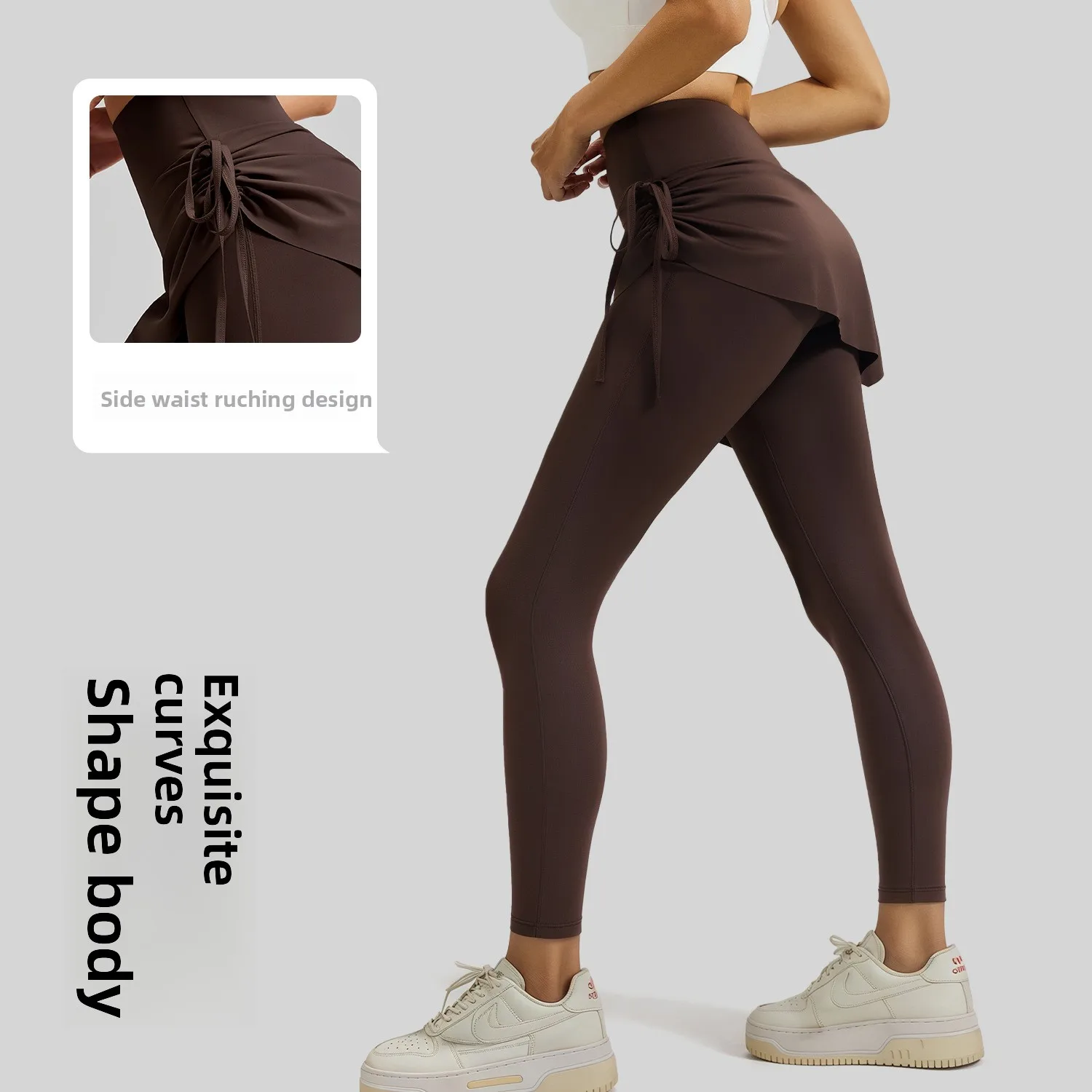 Latest Model New Drawstring Pleated Yoga Culottes Women's Fake Two Pieces Thin Anti-embarrassing Sports Fitness Trousers
