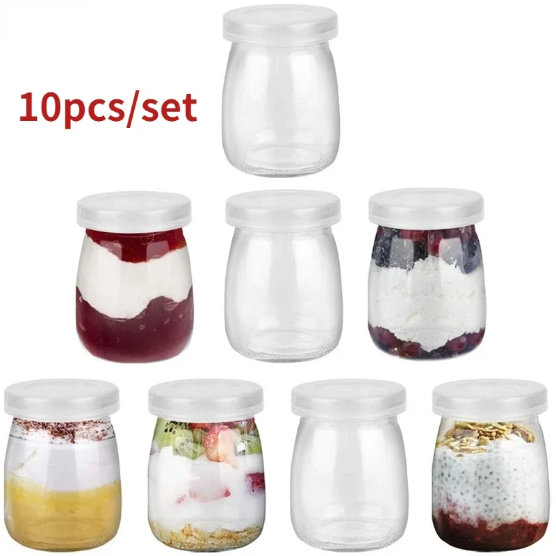 

100ml 10Pcs Mini Yogurt Jars Glass Pudding Cups with PE Lids Containers Pot Ideal for Milk Jellies Honey Spices Mousse Jar