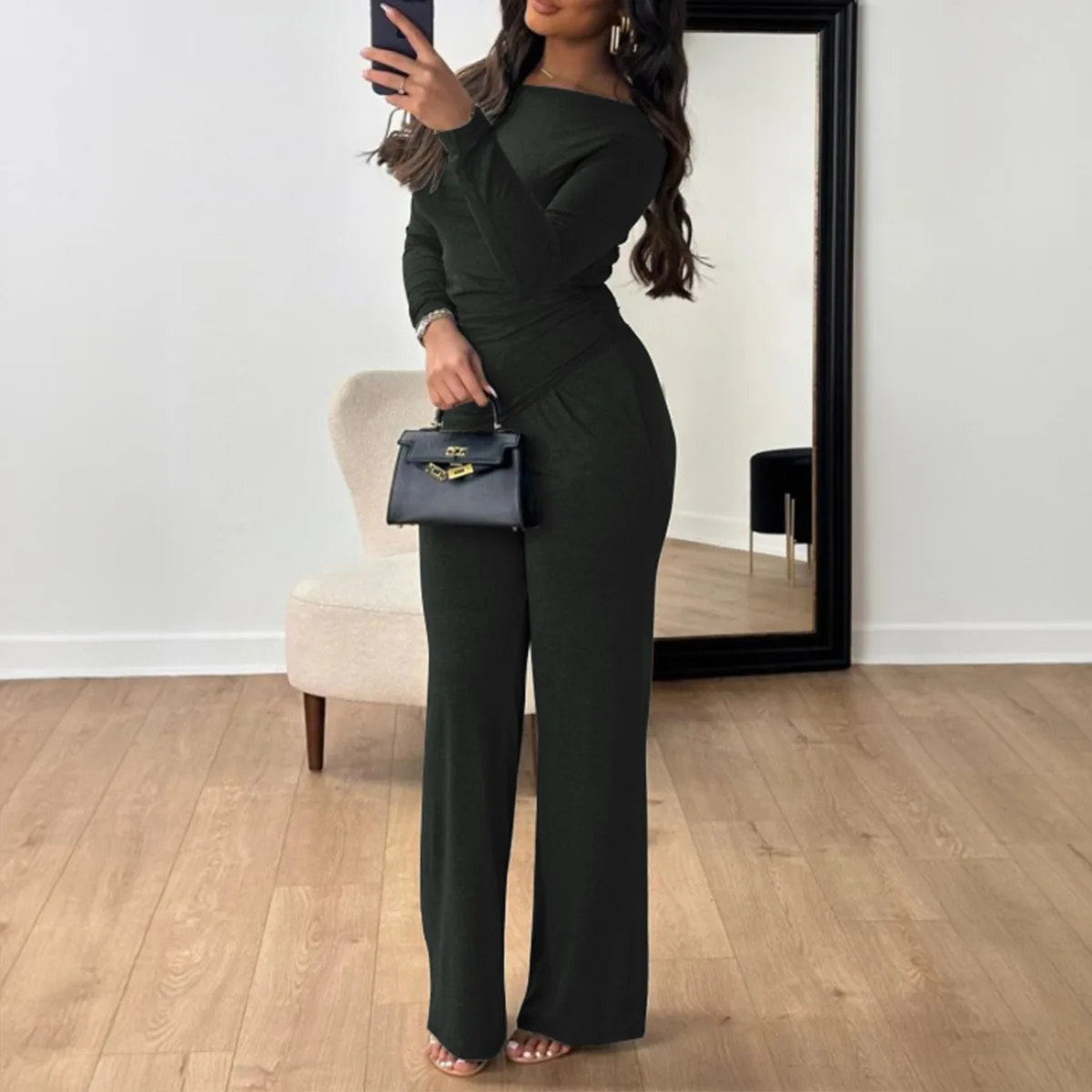 Autumn Fashion Elastic Two Piece Set Women Casual Solid  Off Shoulder Tshirt Wide Leg Pants Two Piece Set Women