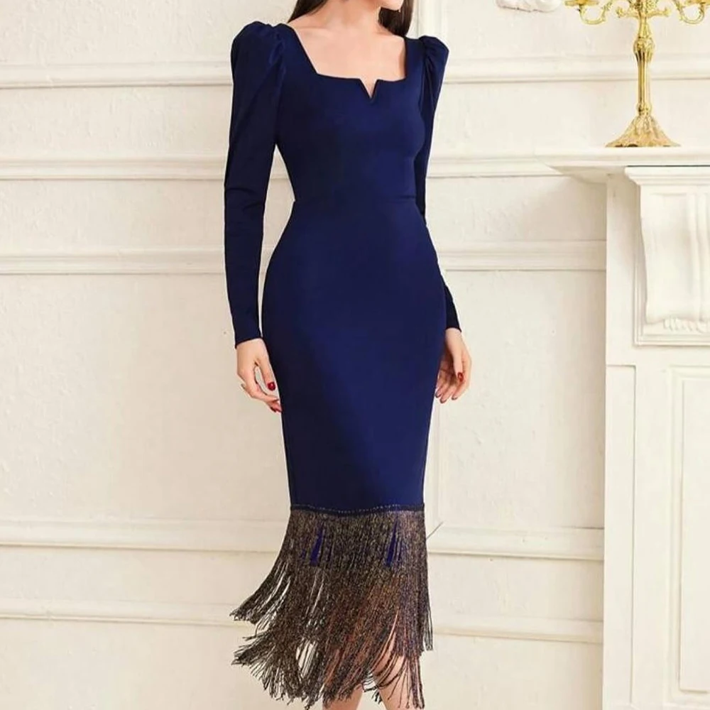 

Bespoke Occasion Gowns Square Neck Long Sleeves Jersey Tea Length Straight Pleats Tassel Saudi Evening Dresses Elegant Women