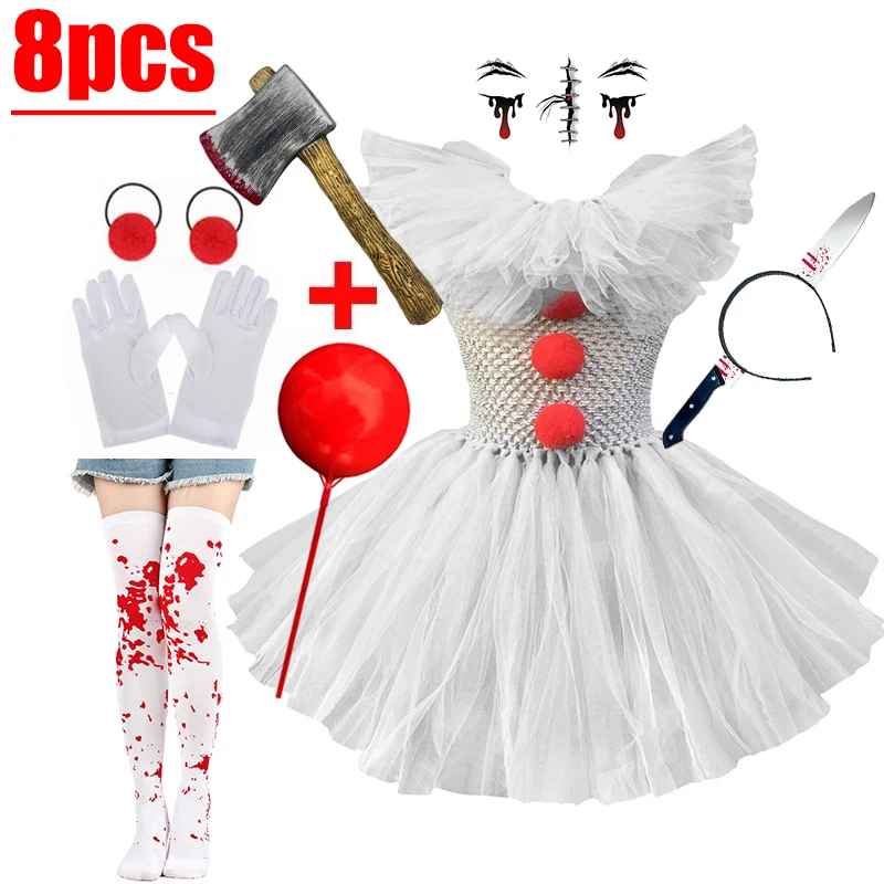 Halloween Role Play Costume Girls Kids White Mesh Clown Tutu Dress with Matching Accessories Holiday Carnival Party Fancy Outfit
