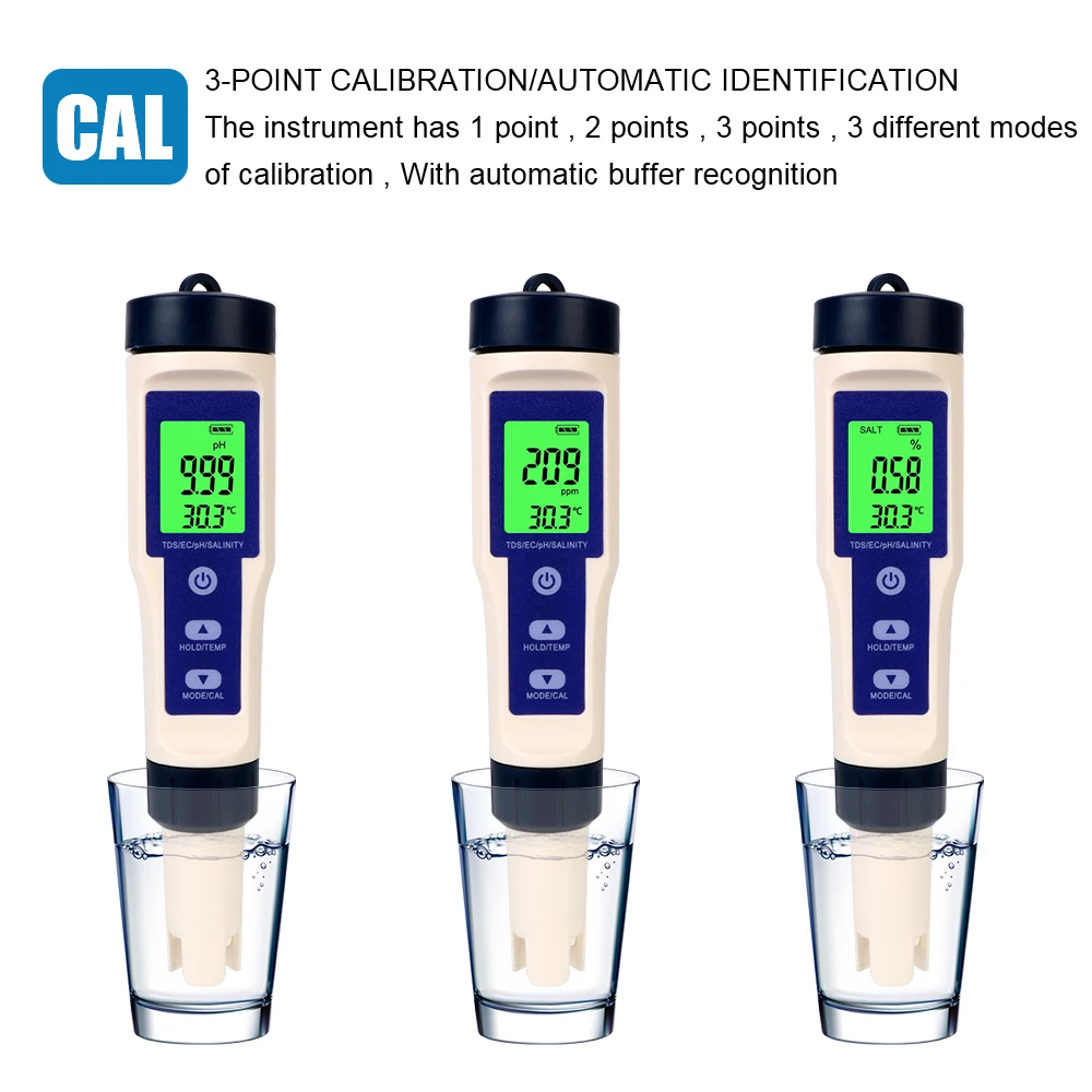 Water Quality Detector 5 in 1 PH/TDS/EC/SALT/TEMP Temperature Hydrogen-rich Meter Purity Measure Tool for Aquarium Hydroponic