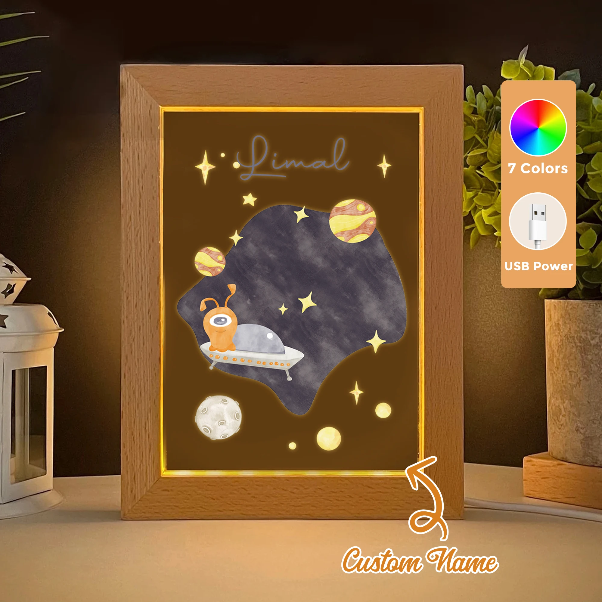 

2D Flat Custom Name Asteroid LED Acrylic Night Light Wood Photo Frame 21x17cm Cartoon Children Bedroom Gifts Home Decor