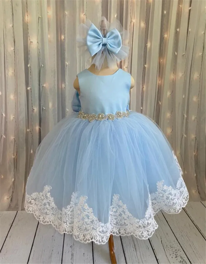 

Sky Blue Flower Girl Dress Lace Beaded Waist O Neck Princess Birthday Party Gown Big Bow Graduation Dress
