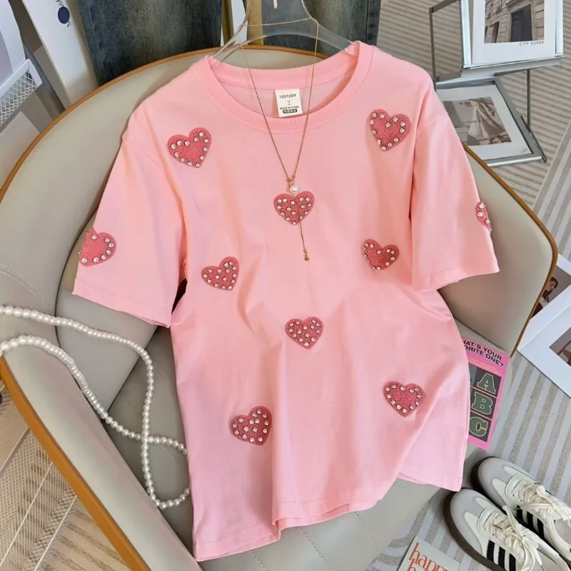 Plus Size Korean Fashion Designer Beaded Embroidered Heart-shaped Short-sleeved T-shirt Women's 2025 New Summer Top