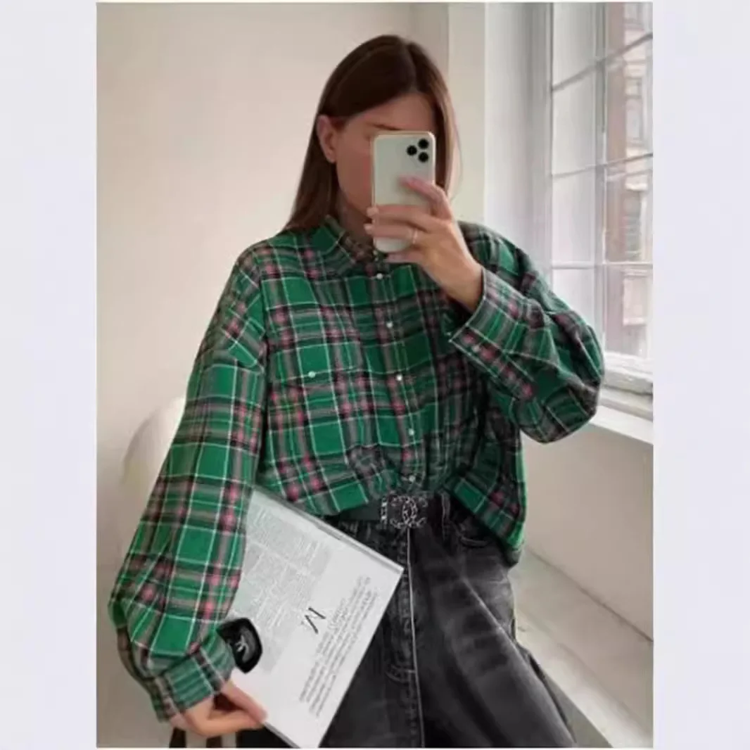 Plaid Frauen Shirts Langarm Bluse Drehen Unten Kragen Hemd Strickjacke Einreiher Blusen Casual Lose Fit Gespleißt 2025,