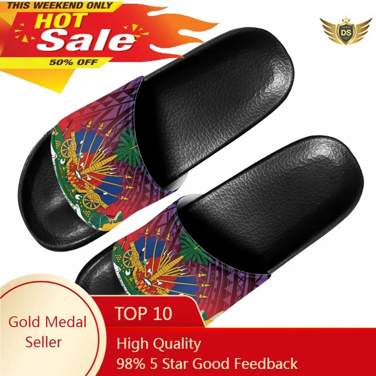 

Fashion Women's Casual Outdoor Sandals New Hot Polynesian Wind Haitian Flag Print Slippers Indoor Non-slip Slip On