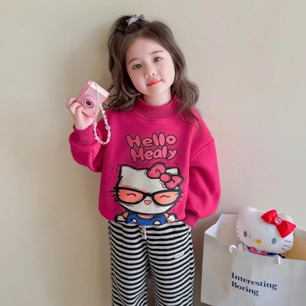

Sanrio Baby Girl's Velvet Sweatshirt Autumn Winter Hello Kitty Baby Girl Thickened One-Piece Velvet Pullover Children's Warm Top