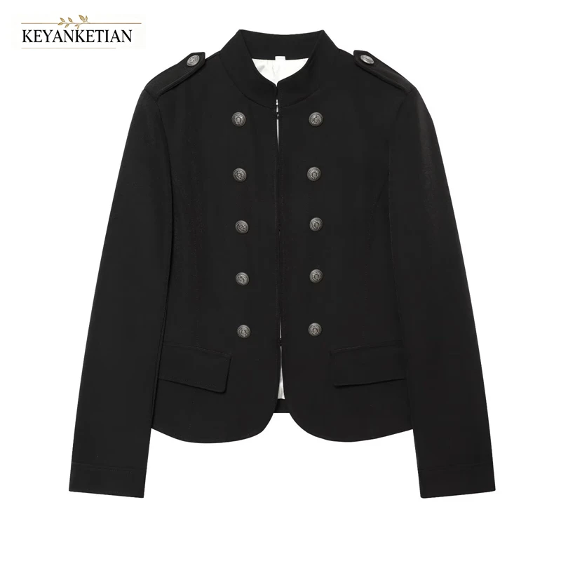 KEYANKETIAN British Retro Short Coat Stand Neck Epaulet Shoulders Double Row Buttons Back Waist Detail Slim Fitted Outer Jacket